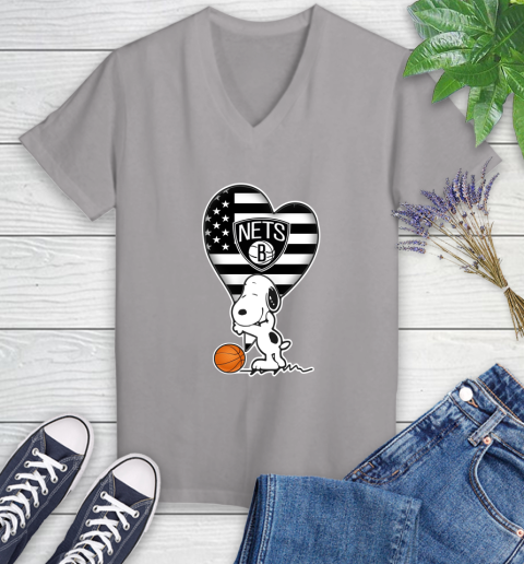 Brooklyn Nets NBA Basketball The Peanuts Movie Adorable Snoopy Women's V-Neck T-Shirt 4