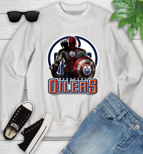 NHL Captain America Thor Spider Man Hawkeye Avengers Endgame Hockey Edmonton Oilers Youth Sweatshirt