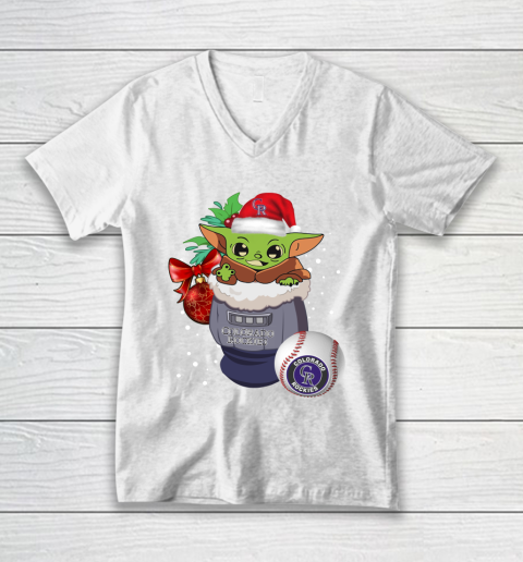 Colorado Rockies Christmas Baby Yoda Star Wars Funny Happy MLB V-Neck T-Shirt 2