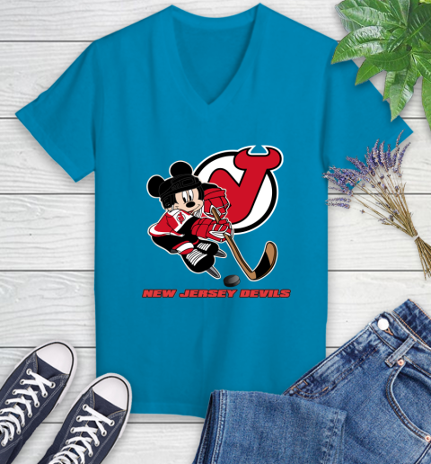 NHL New Jersey Devils Mickey Mouse Disney Hockey T Shirt Women's V-Neck T- Shirt