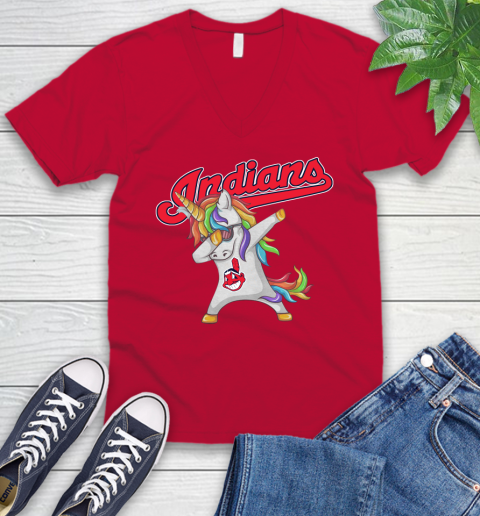 Cleveland Indians MLB Baseball Funny Unicorn Dabbing Sports V-Neck T-Shirt 8
