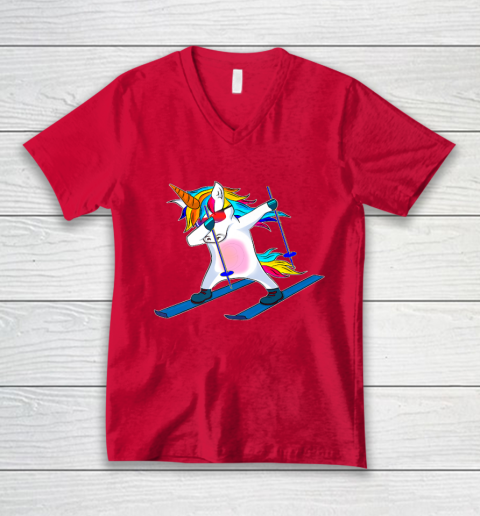 Skiing Unicorn Dabbing Funny Gift V-Neck T-Shirt 7