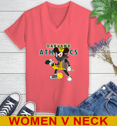 Oakland Athletics MLB Baseball Mickey Peace Sign Sports Women's V-Neck T-Shirt 7