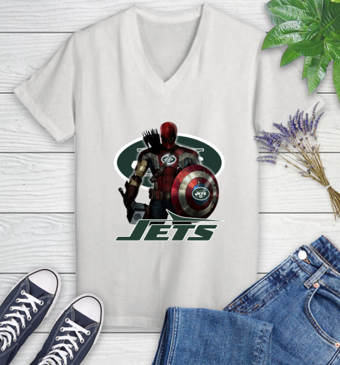 NFL Captain America Thor Spider Man Hawkeye Avengers Endgame Football New York Jets Women's V-Neck T-Shirt