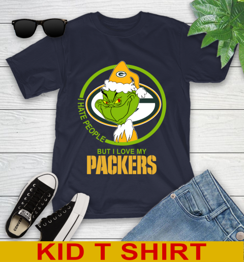 Green Bay Packers NFL Christmas Grinch I Hate People But I Love My Favorite Football Team Youth T-Shirt 3