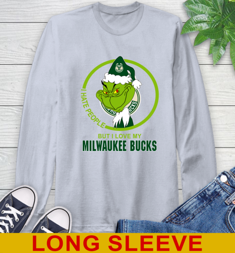 Milwaukee Bucks NBA Christmas Grinch I Hate People But I Love My Favorite Basketball Team Long Sleeve T-Shirt 6