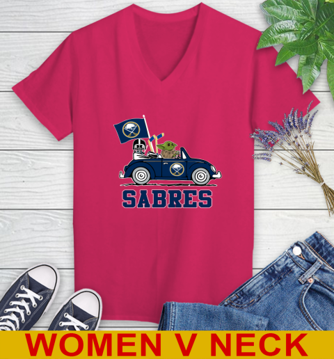 NHL Hockey Buffalo Sabres Darth Vader Baby Yoda Driving Star Wars Shirt Women's V-Neck T-Shirt 10