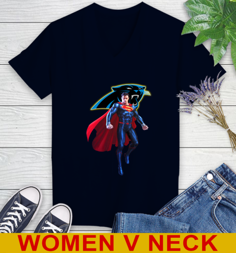 NFL Superman DC Sports Football Carolina Panthers Women's V-Neck T-Shirt 3