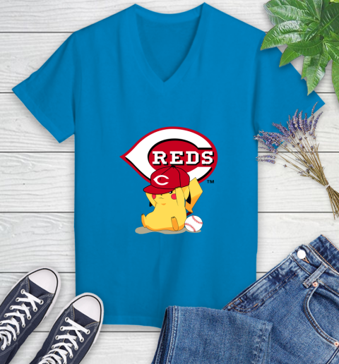 MLB Pikachu Baseball Sports Cincinnati Reds Women's V-Neck T-Shirt 7