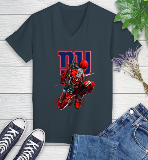 NFL Deadpool Marvel Comics Sports Football New York Giants Women's V-Neck T-Shirt 8