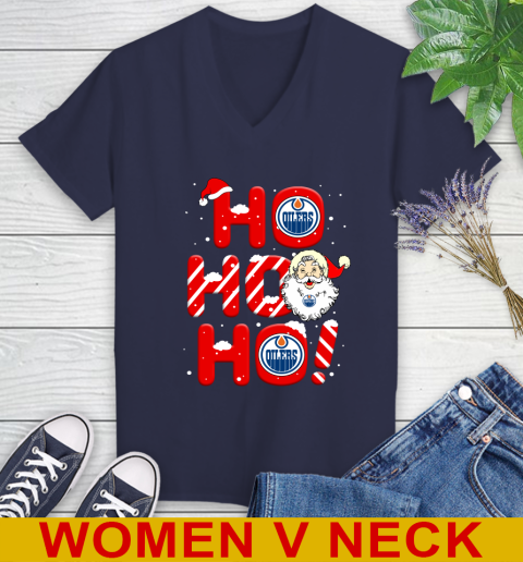Edmonton Oilers NHL Hockey Ho Ho Ho Santa Claus Merry Christmas Shirt Women's V-Neck T-Shirt 12