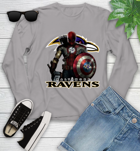 NFL Captain America Thor Spider Man Hawkeye Avengers Endgame Football Baltimore Ravens Youth Long Sleeve 5