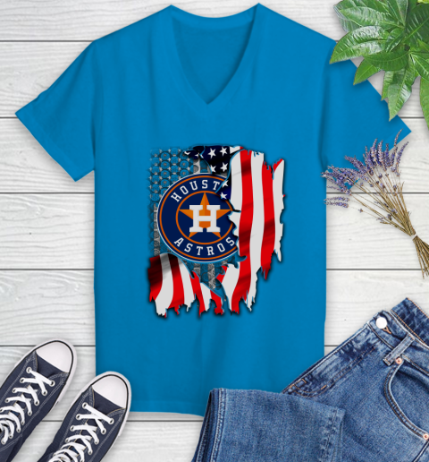 Houston Astros MLB Baseball American Flag Women's V-Neck T-Shirt 7