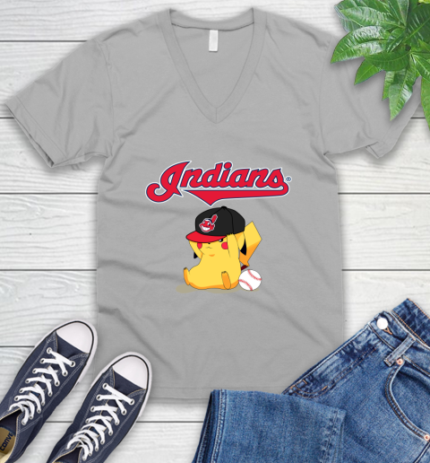 MLB Pikachu Baseball Sports Cleveland Indians V-Neck T-Shirt 4