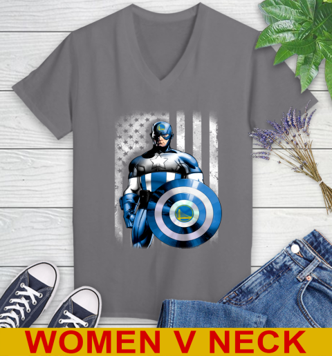 Golden State Warriors NBA Basketball Captain America Marvel Avengers American Flag Shirt Women's V-Neck T-Shirt 11