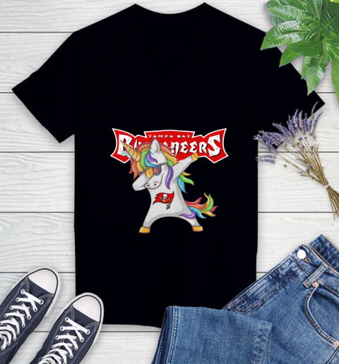 Tampa Bay Buccaneers NFL Football Funny Unicorn Dabbing Sports Women's V-Neck T-Shirt 2