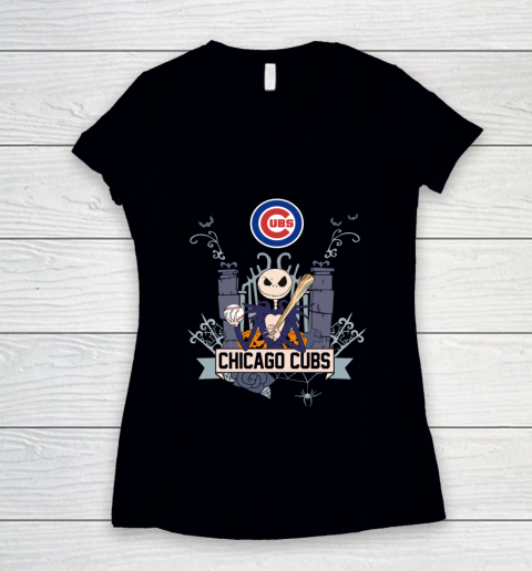 MLB Chicago Cubs Baseball Jack Skellington Halloween Women's V-Neck T-Shirt