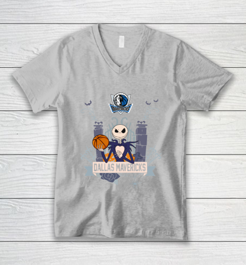 NBA Dallas Mavericks Basketball Jack Skellington Halloween V-Neck T-Shirt 3
