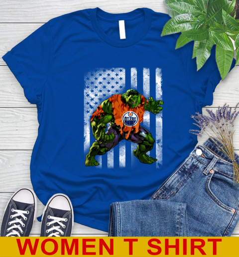 Edmonton Oilers Hulk Marvel Avengers NHL Hockey American Flag Women's T-Shirt 10