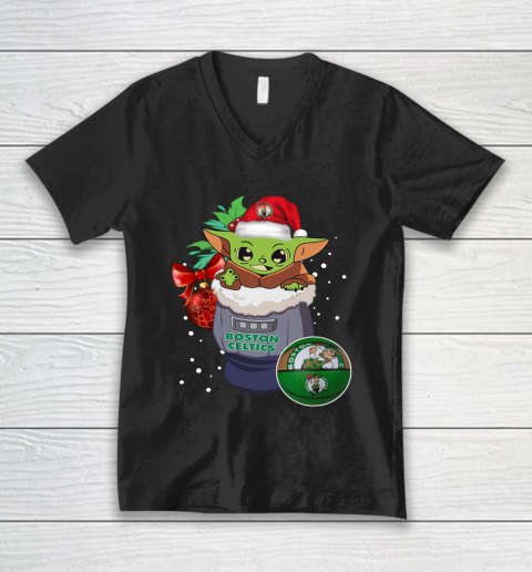Boston Celtics Christmas Baby Yoda Star Wars Funny Happy NBA V-Neck T-Shirt