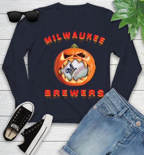 MLB Milwaukee Brewers Halloween Pumpkin Baseball Sports Youth Long Sleeve 3