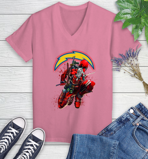 NFL Deadpool Marvel Comics Sports Football Los Angeles Chargers Women's V-Neck T-Shirt 13