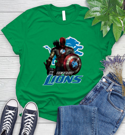 NFL Captain America Thor Spider Man Hawkeye Avengers Endgame Football Detroit Lions Women's T-Shirt 6