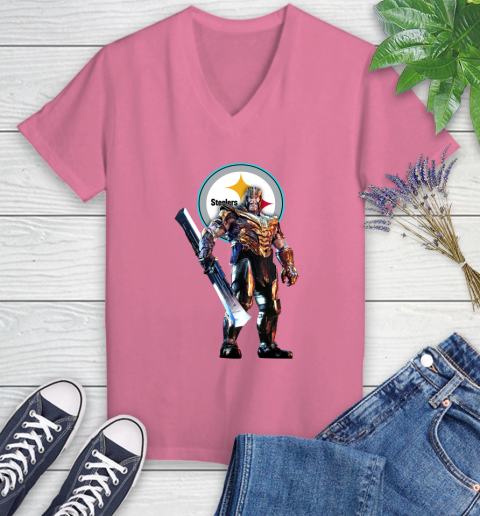 NFL Thanos Gauntlet Avengers Endgame Football Pittsburgh Steelers Women's V-Neck T-Shirt 13