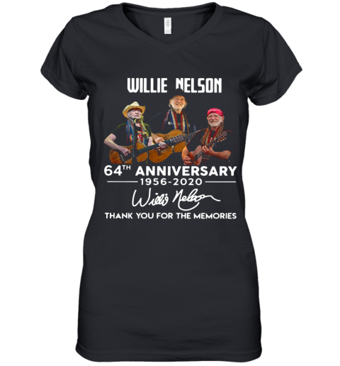 Willie Nelson 64Th Anniversary 1956 2020 Thank You For The Memories Signatures Women's V-Neck T-Shirt