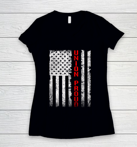 Union Proud American Flag Distressed Women's V-Neck T-Shirt