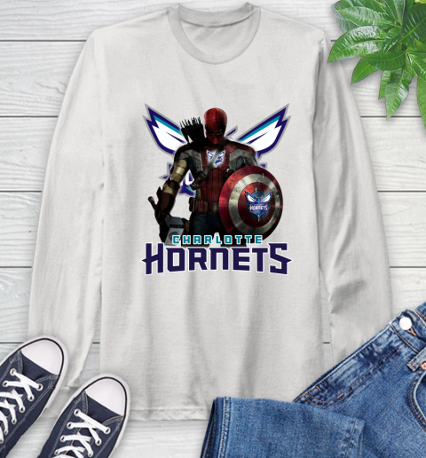Charlotte Hornets NBA Basketball Captain America Thor Spider Man Hawkeye Avengers Long Sleeve T-Shirt