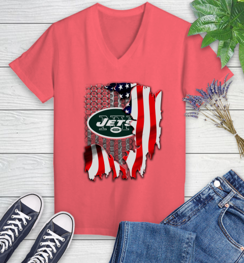 New York Jets NFL Football American Flag Women's V-Neck T-Shirt 6