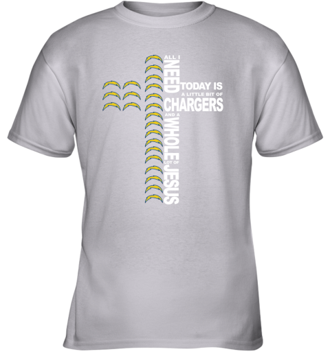 NFL All I Need Today Is A Little Bit Of Los Angeles Chargers And A Whole Lot Of Jesus Football nPyvRE02GWB youth t shirt 26 95 151514 front sport grey