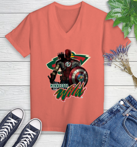 NHL Captain America Thor Spider Man Hawkeye Avengers Endgame Hockey Minnesota Wild Women's V-Neck T-Shirt 6