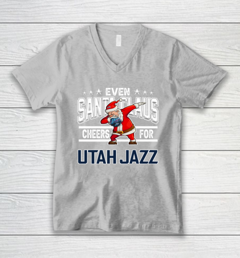 Utah Jazz Even Santa Claus Cheers For Christmas NBA V-Neck T-Shirt 3
