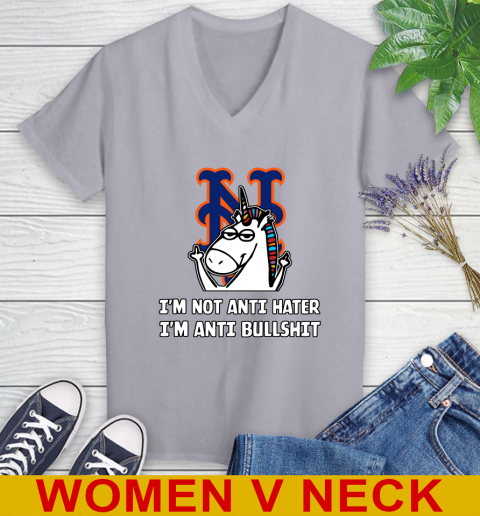 New York Mets MLB Baseball Unicorn I'm Not Anti Hater I'm Anti Bullshit Women's V-Neck T-Shirt 5