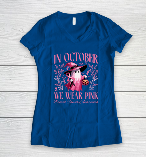In October We Wear Pink Witch Ghost Pumpkin Breast Cancer Women's V-Neck T-Shirt 5