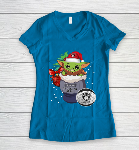 Brooklyn Nets Christmas Baby Yoda Star Wars Funny Happy NBA Women's V-Neck T-Shirt 7