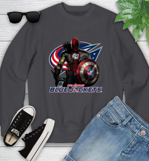 NHL Captain America Thor Spider Man Hawkeye Avengers Endgame Hockey Columbus Blue Jackets Youth Sweatshirt 6