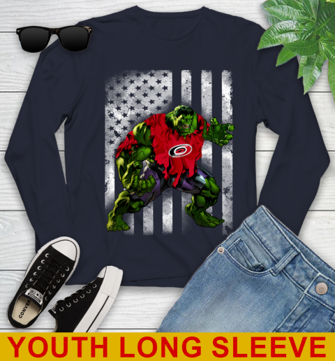 Carolina Hurricanes Hulk Marvel Avengers NHL Hockey American Flag Youth Long Sleeve 2