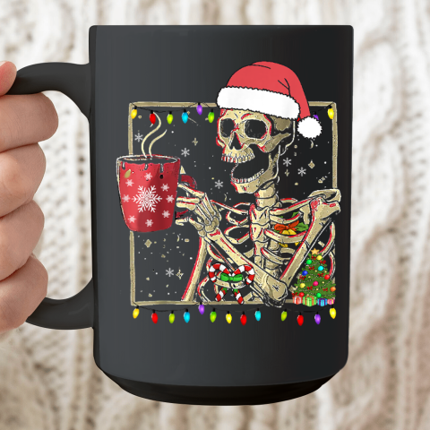 Christmas Skeleton With Smiling Skull Drinking Coffee Latte Ceramic Mug 15oz