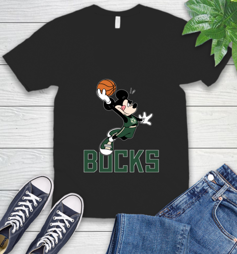 NBA Basketball Milwaukee Bucks Cheerful Mickey Mouse Shirt V-Neck T-Shirt