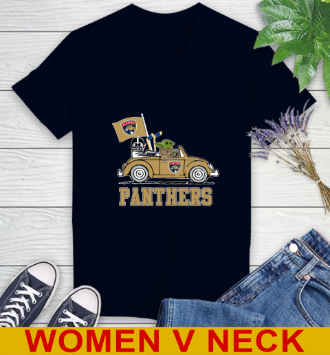 NHL Hockey Florida Panthers Darth Vader Baby Yoda Driving Star Wars Shirt Women's V-Neck T-Shirt 3