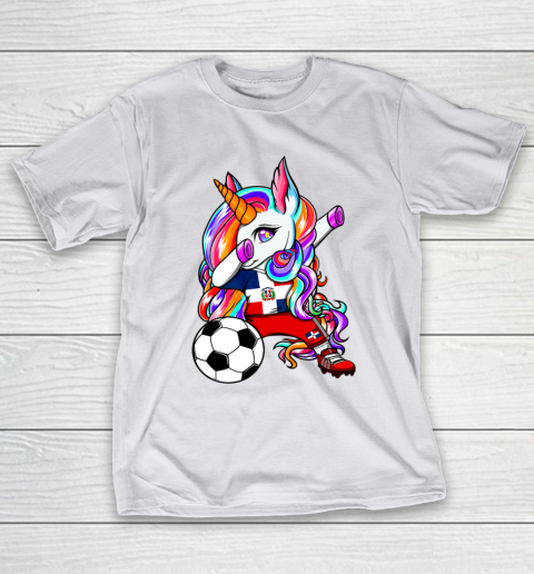 Dabbing Unicorn Dominican Republic Soccer Fans Flag Football T-Shirt 12