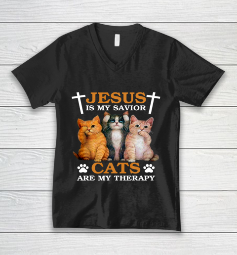 Jesus is My Savior Cat are My Therapy Christians Cat Lover V-Neck T-Shirt