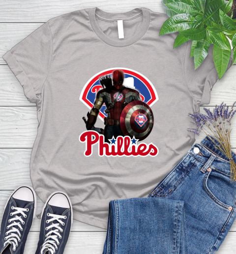 MLB Captain America Thor Spider Man Hawkeye Avengers Endgame Baseball Philadelphia Phillies Women's T-Shirt 10
