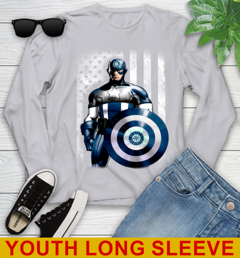 Seattle Mariners MLB Baseball Captain America Marvel Avengers American Flag Shirt Youth Long Sleeve 5