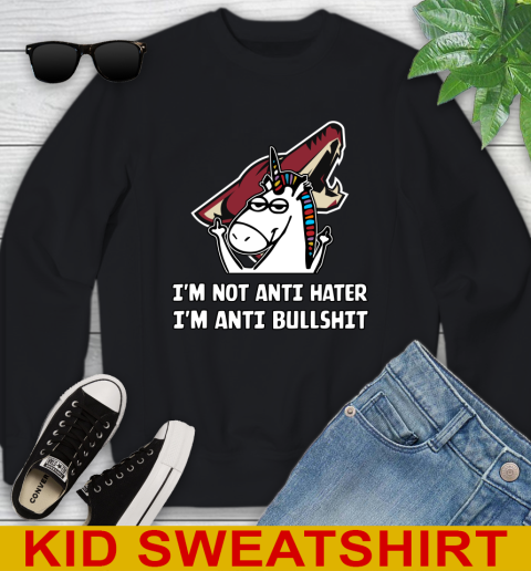 Arizona Coyotes NHL Hockey Unicorn I'm Not Anti Hater I'm Anti Bullshit Youth Sweatshirt 2