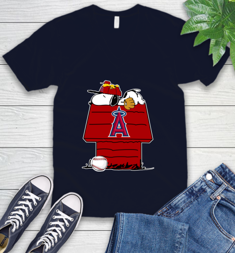 MLB Los Angeles Angels Snoopy Woodstock The Peanuts Movie Baseball T Shirt V-Neck T-Shirt 3