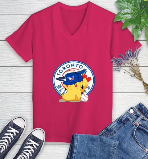 MLB Pikachu Baseball Sports Toronto Blue Jays Women's V-Neck T-Shirt 9